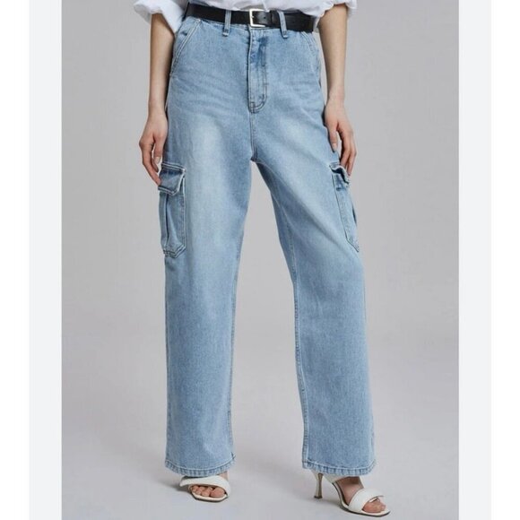 The Frankie Shop Denim - The Frankie Shop Kai High-Rise Wide-Leg Cargo Jeans Light Wash Size Small